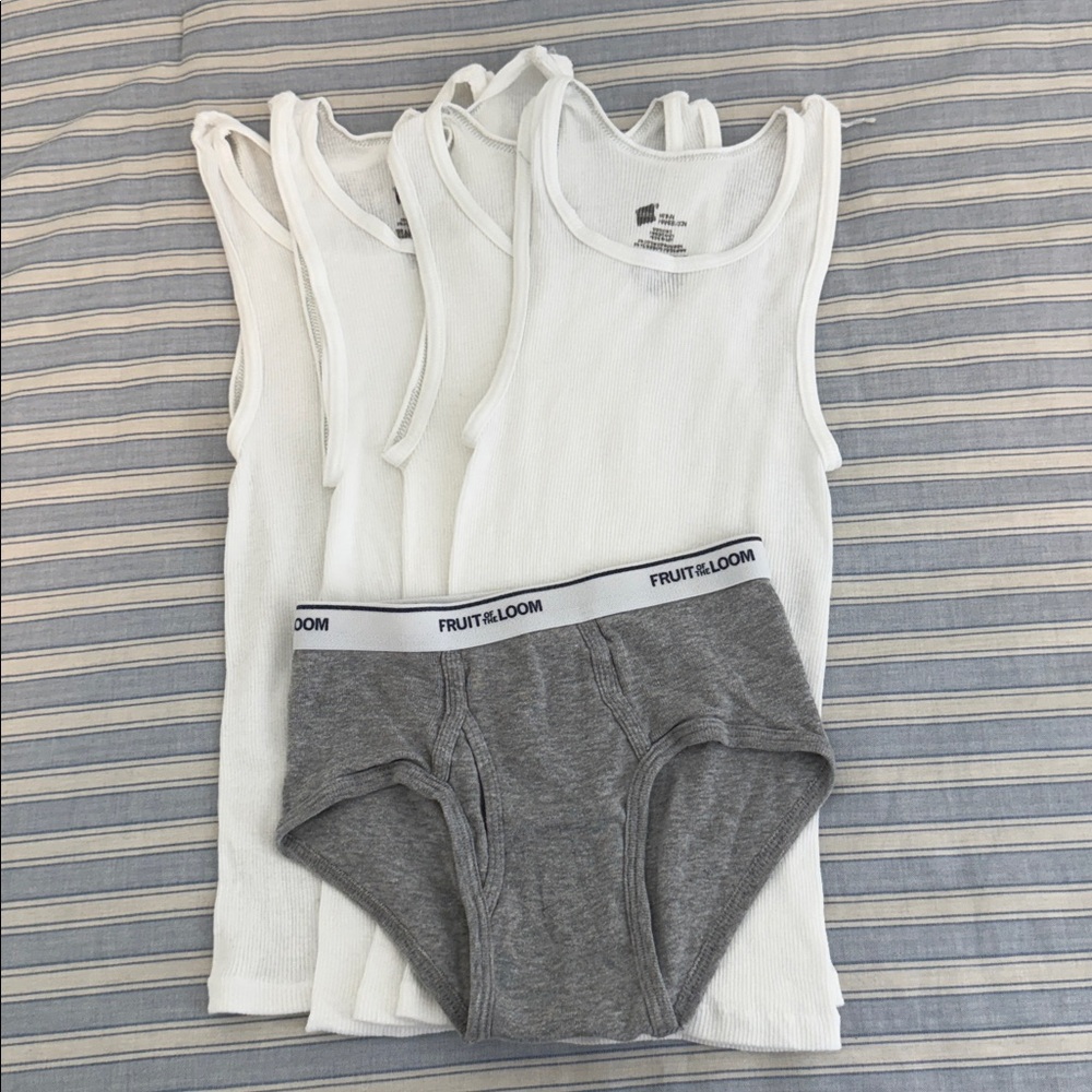 4 Fruit of the Loom kids White Tanks and 1 pair Gray Briefs Set. M